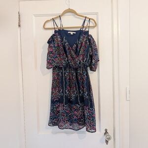 Miami Short Sleeve Floral Midi Chiffon Dress - Navy and Pink Size Medium